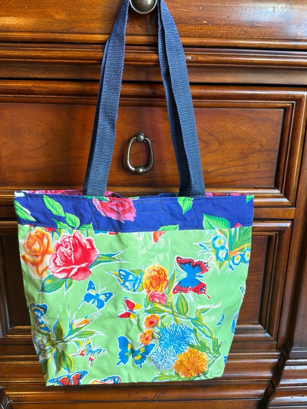 Floral Butterfly Canvas Tote Bag in Green and Navy